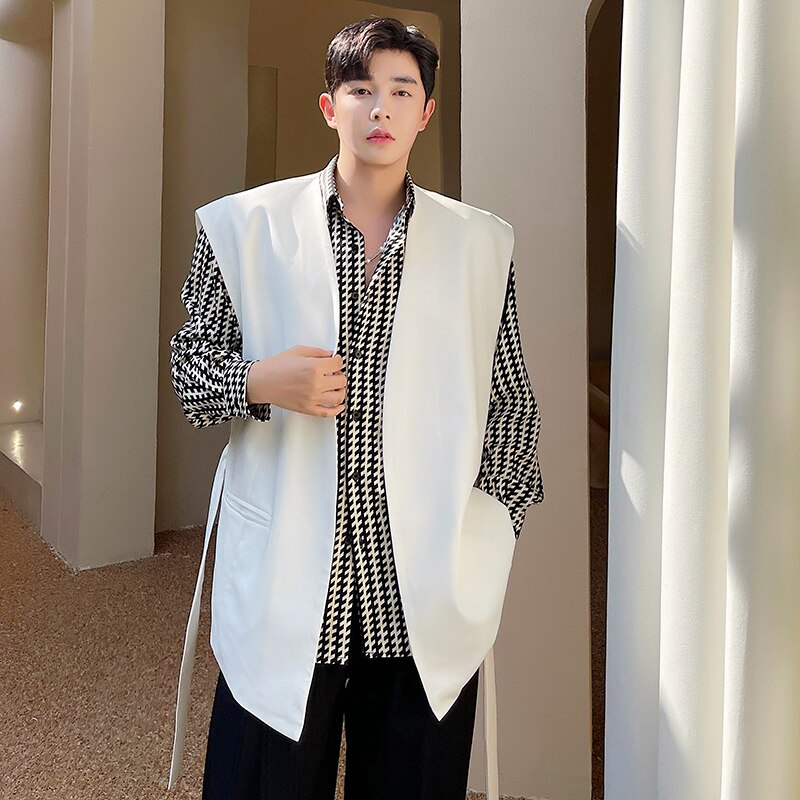 여름 다운 재킷 남자 그물 빨간 틈새 디자인 한국어 양복 조끼 없음 칼라 고급 라이트 럭셔리 정장 탑 패션